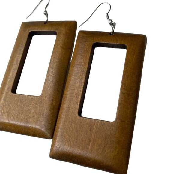 Handmade Rectangular Wooden Dangle Earrings With Cutout Design u - Picture 2 of 7